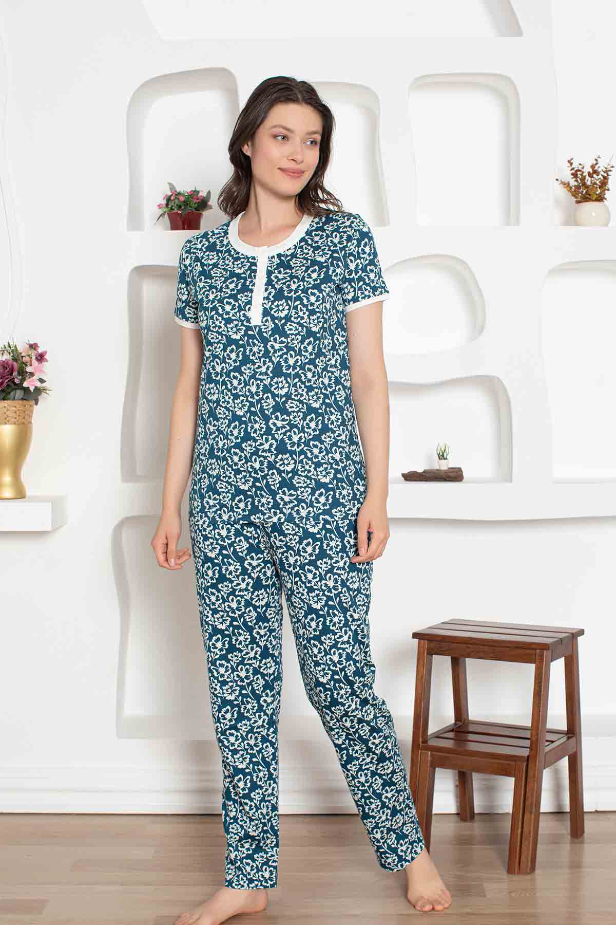 İndigo%20Çiçek%20Desenli%20Penye%20Bayan%20Pijama%20Takımı%202794KY