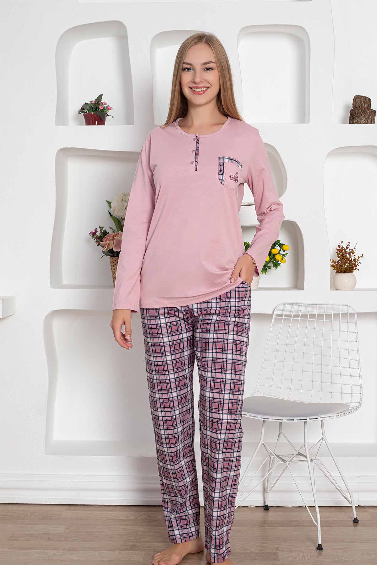 Ekoseli%20Penye%20Kadın%20Pijama%20Takımı%202800UY