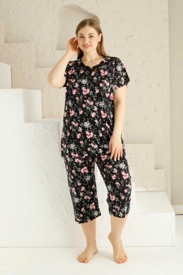 Bahar Dalı Siyah BATTAL Bermuda Bayan Pijama Takımı 2735BB