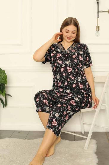 Bahar Dalı Siyah BATTAL Bermuda Bayan Pijama Takımı 2708BB