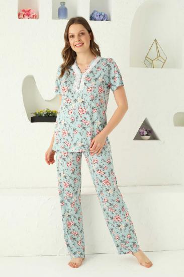 Mavi Çiçek Desenli Kısa Kollu Pijama Takımı 2737KY