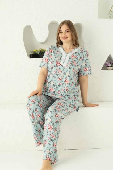 Mavi Çiçek Desenli Battal Beden Kısa Kollu Pijama Takımı 2737KYB