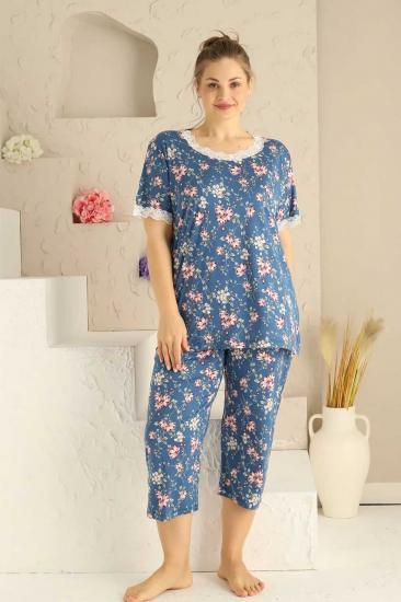 BATTAL Beden İndigo Çiçekli Bermuda Bayan Pijama Takımı 2709BB