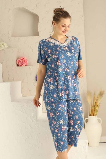 BATTAL Beden İndigo Çiçekli Bermuda Bayan Pijama Takımı 2709BB