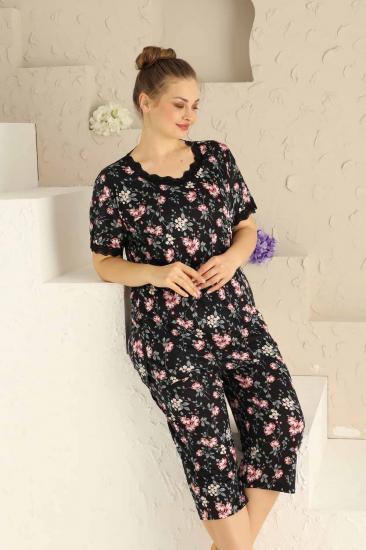 BATTAL Beden Siyah Çiçekli Bermuda Bayan Pijama Takımı 2709BB