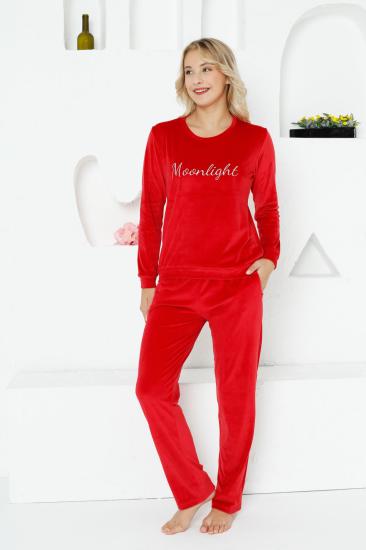 Kadife Kadın Pijama Takımı - Moonlight İthal Kadife Kırmızı Cepli 2763UK