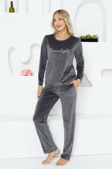 Kadife Kadın Pijama Takımı - Moonlight İthal Kadife Füme Cepli 2763UK