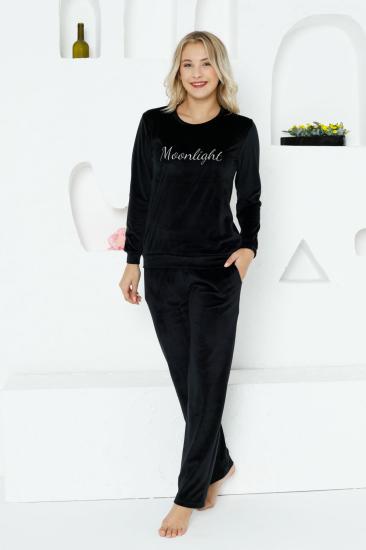 Kadife Kadın Pijama Takımı - Moonlight İthal Kadife Siyah Cepli 2763UK