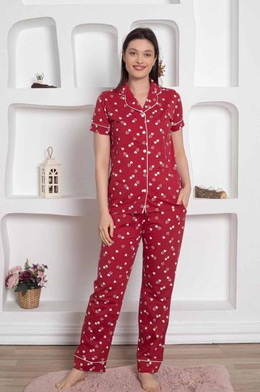 Bordo Önden Düğmeli Kalp Desenli Bayan Pijama Takımı 2785KY