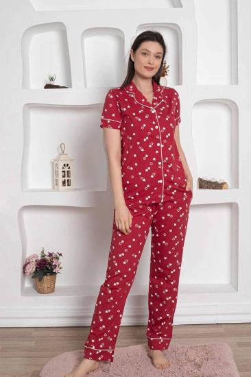 Bordo Önden Düğmeli Kalp Desenli Bayan Pijama Takımı 2785KY