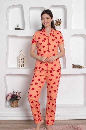 Somon Önden Düğmeli Kalp Desenli Bayan Pijama Takımı 2783KY