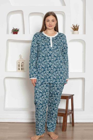 İndigo Çiçek Desenli Büyük Beden Bayan Pijama Takımı 2794UYB