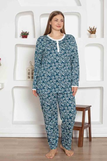 İndigo Çiçek Desenli Büyük Beden Bayan Pijama Takımı 2794UYB