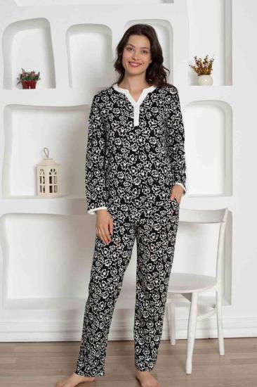 Siyah Çiçek Desenli Penye Bayan Pijama Takımı 2795UY