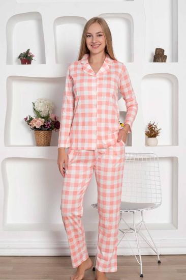 Pembe Kareli Önden Düğmeli Uzun Kollu Bayan Pijama Takımı 2793UY