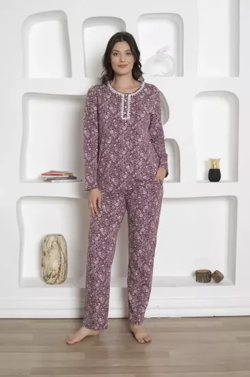 Çiçek Desenli Kadın Pijama Takımı - Likralı Penye Uzun Kollu 2809UKL