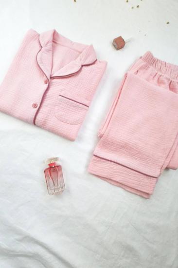 Krinkıl Boydan Düğmeli Kadın Pijama Takımı - Pembe müslin penye 2815UK