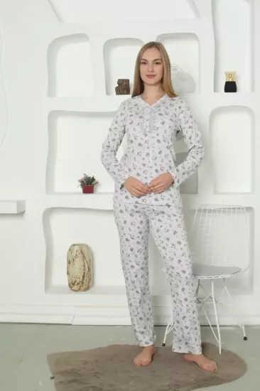 Çiçek Desenli Kadın Pijama Takımı -Dantel Yakalı  Uzun Kollu Penye 2822UK