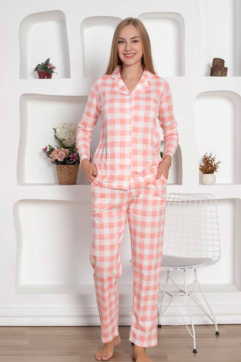 Pembe%20Kareli%20Önden%20Düğmeli%20Uzun%20Kollu%20Bayan%20Pijama%20Takımı%202793UY