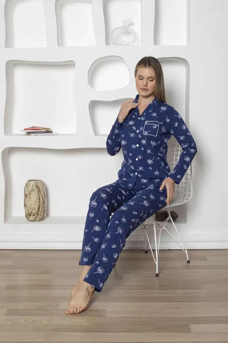 Boydan%20Düğmeli%20Kadın%20Pijama%20Takımı%20-%20Çiçek%20Desenli%20İndigo%20Likralı%20Penye%202811UKL