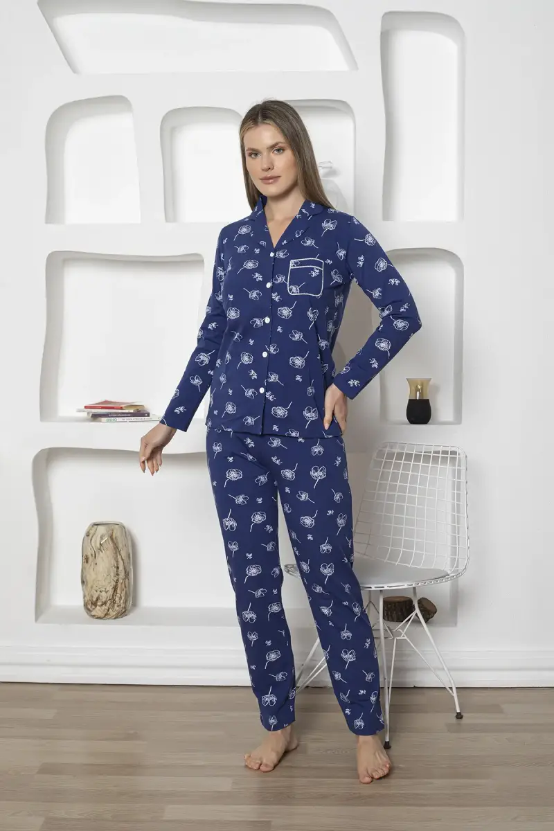 Boydan%20Düğmeli%20Kadın%20Pijama%20Takımı%20-%20Çiçek%20Desenli%20İndigo%20Likralı%20Penye%202811UKL