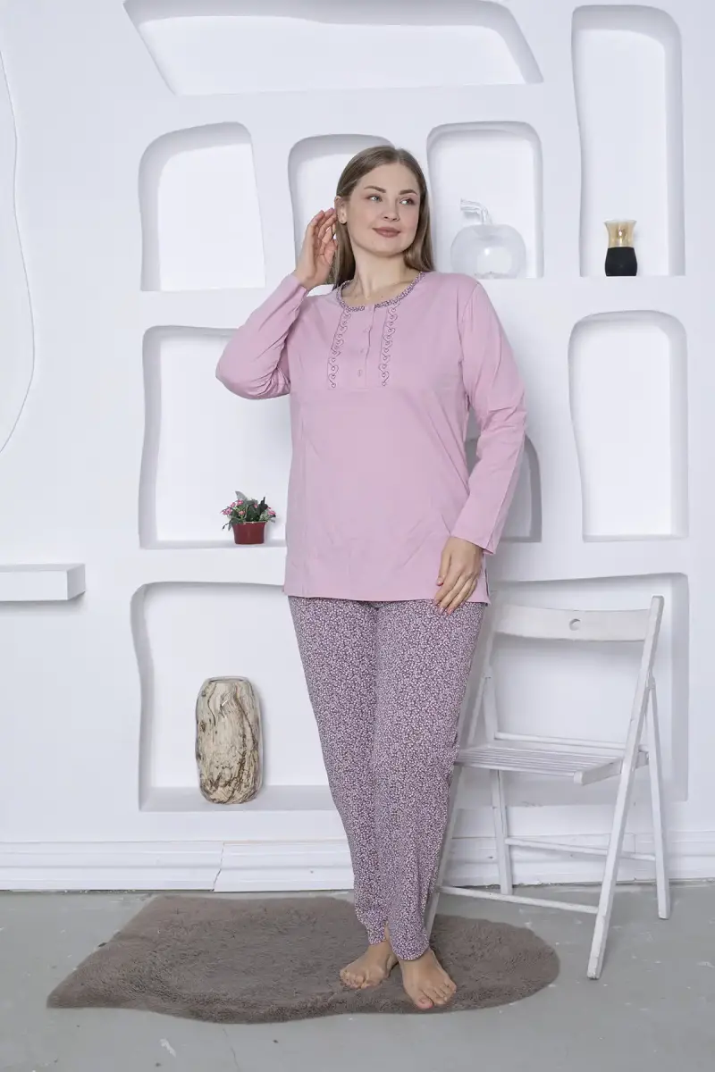 Nakış%20Detaylı%20Kadın%20Pijama%20Takımı%20-%20Büyük%20Beden%20Gülkurusu%20Uzun%20Kollu%20Penye%202818UKB